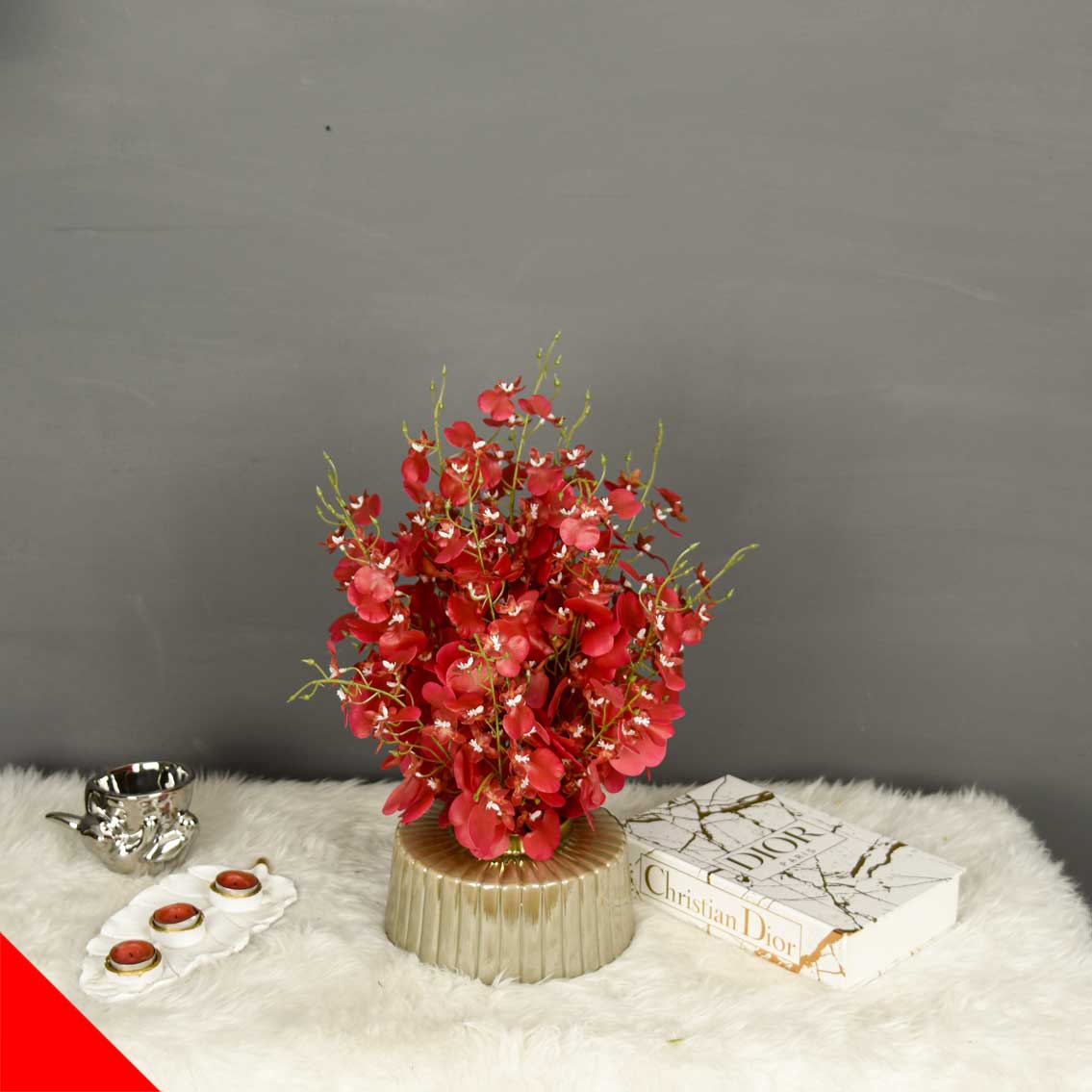 گل ارکیده مصنوعی قرمز با گلدان شیشه ای | خاص و چشم نواز - Image 6