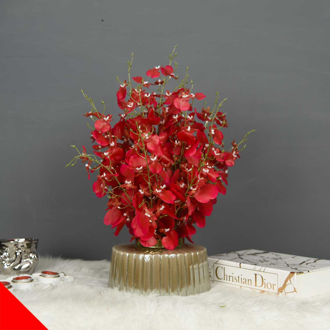 گل ارکیده مصنوعی قرمز با گلدان شیشه ای | خاص و چشم نواز