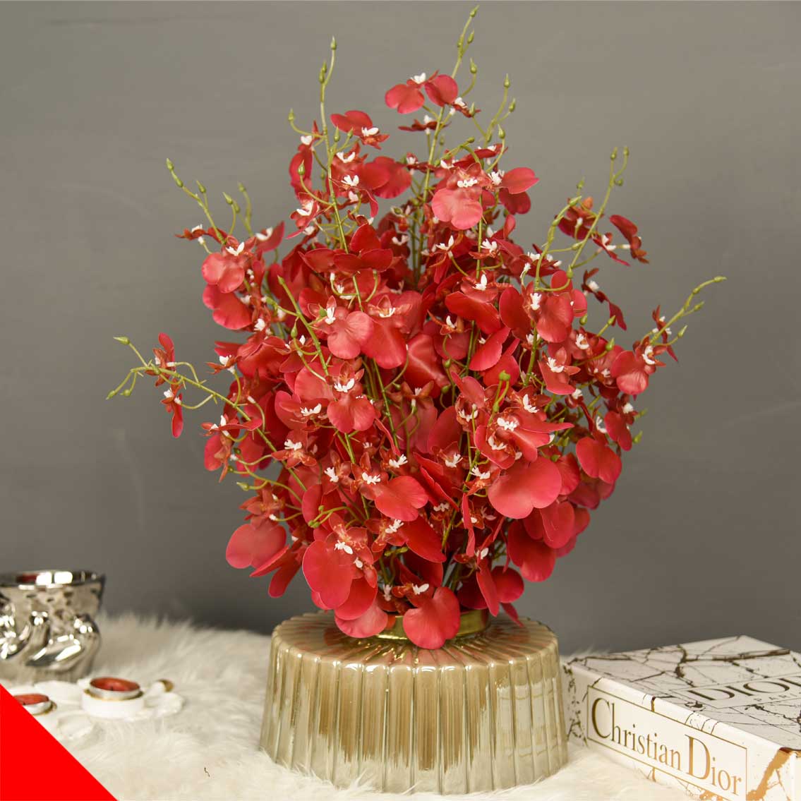 گل ارکیده مصنوعی قرمز با گلدان شیشه ای | خاص و چشم نواز