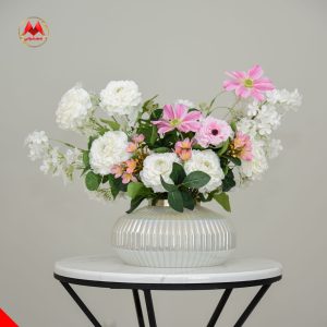 گلدون رومیزی شیک برای جلو مبلی و کنسول | گل مصنوعی صورتی و سفید